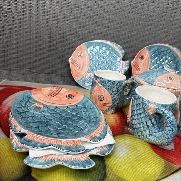 Vintage Rare 10 piece MCM Henriksen Majolica Fish Sculpture Iridescent Jug Pitch - Picture 9 of 12